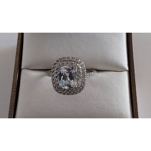 3 Ct. Genuine Diamond Simulant Cushion & Double Round Halo Engagement Ring Sz 8 - Picture 1 of 4
